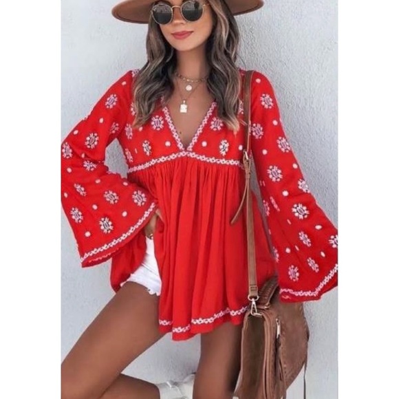 Vici Tops - VICI Red Embroidered Tunic V-Neck Bell Sleeve Flowy Roses And More